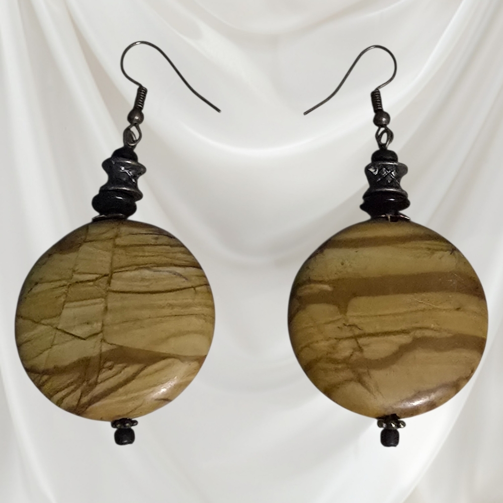 Genuine Picture Jasper Round 1-1/8" Stone Dangle Hook Earrings Handmade